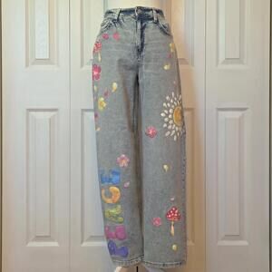 Y2K Indie Floral Painted Jeans Size 4 Light Wash Relaxed Straight Leg Fit Hippie
